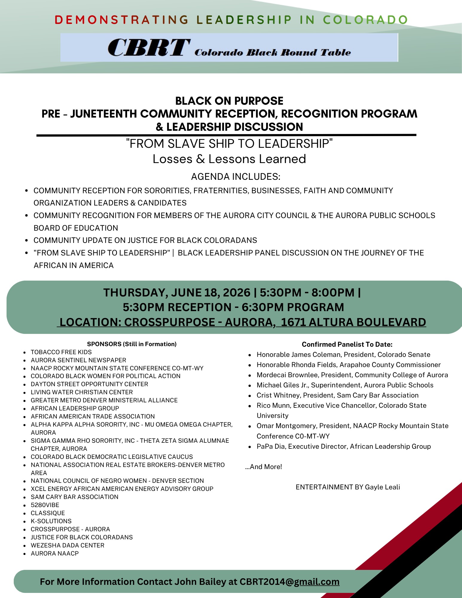 Pre-Juneteenth community reception and leadership discussion flyer