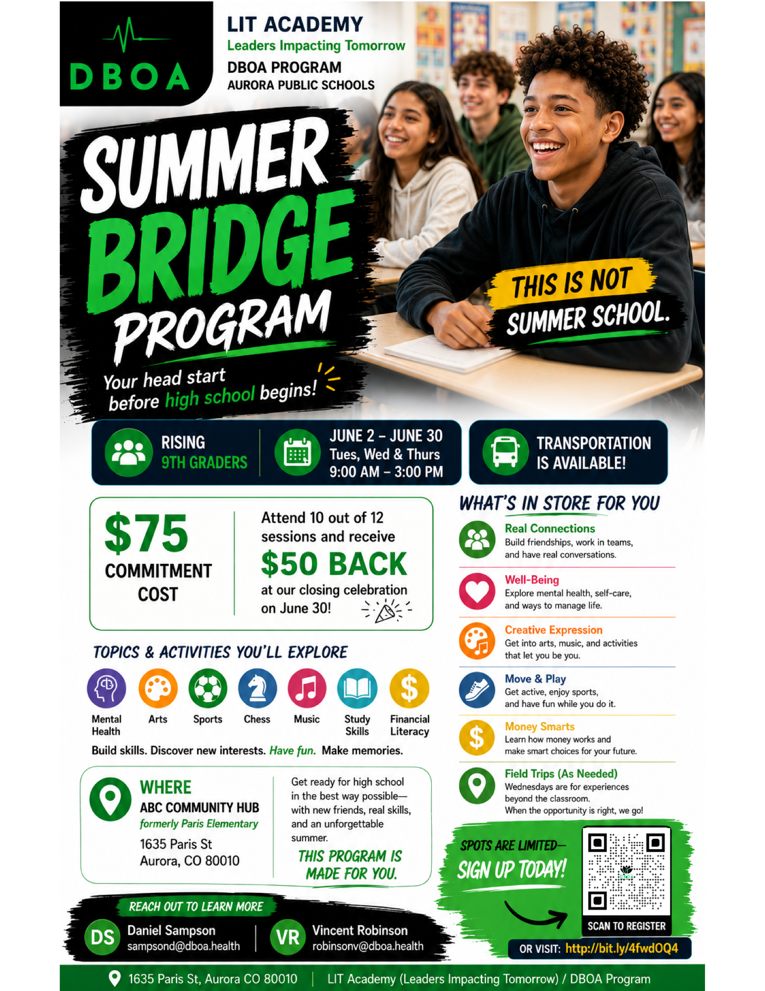 LIT Academy Summer Bridge Program flyer — June 2–30, 2026 at ABC Community Hub in Aurora